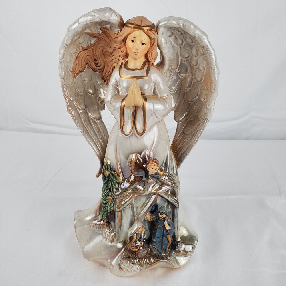 Ceramic Praying Angel Statue With Nativity Scene 11"x6" Joseph Mary Jesus Manger